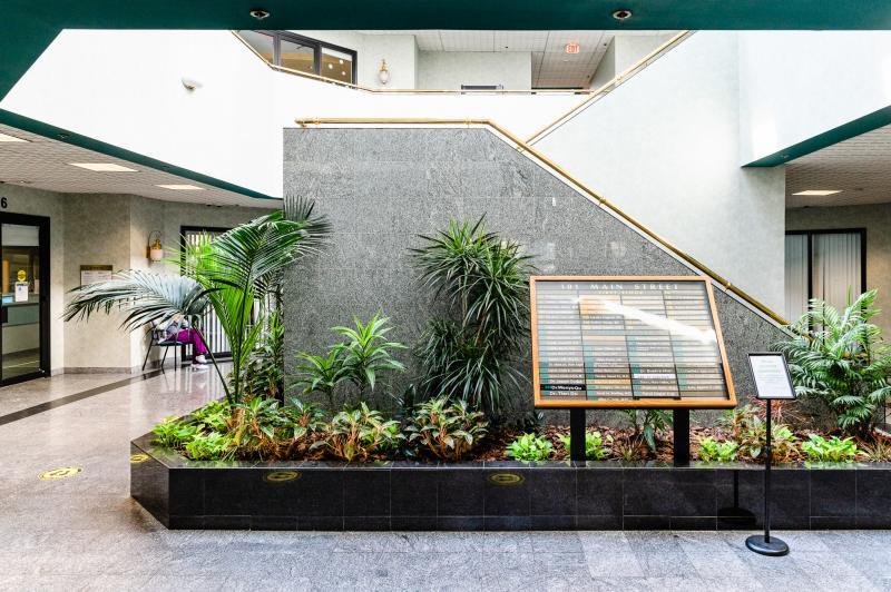 lobby of a building with plants and signs
